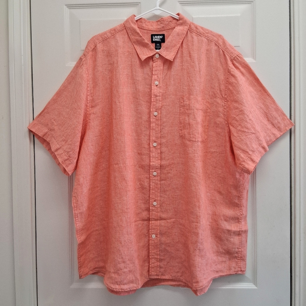 Lands End 100% Linen Mens Button Up Shirt Traditional Fit XXL 18 - 18 1/2 Peach